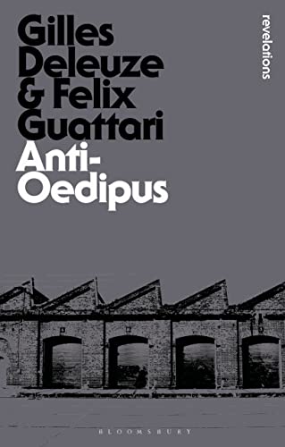 Book cover of Anti-Oedipus by Deleuze and Guattari featuring an industrial building in grayscale.