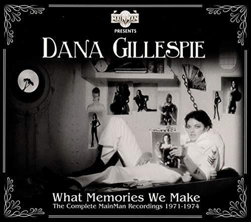 Black and white album cover featuring Dana Gillespie sitting in a room with photos.
