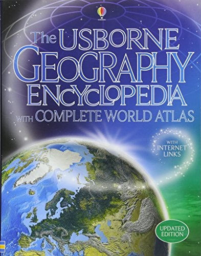 Cover of "The Usborne Geography Encyclopedia" with a world atlas image.