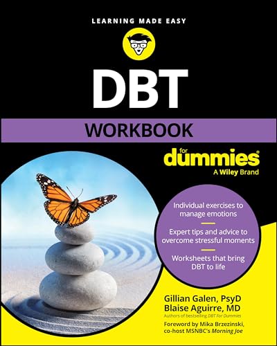 DBT Workbook for Dummies" book cover with a butterfly on stacked stones.