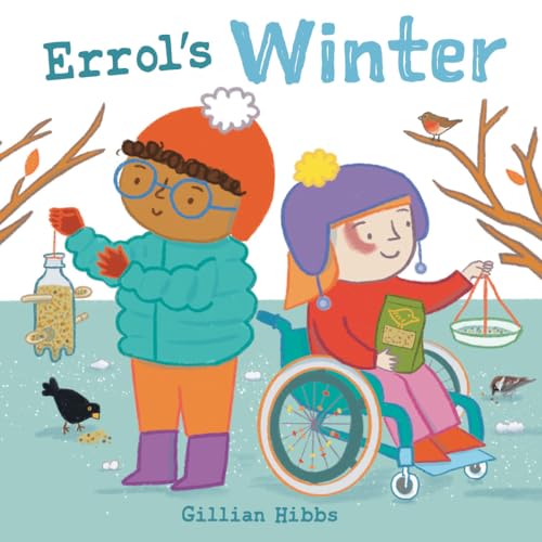 Children with winter hats feed birds, one using a wheelchair.