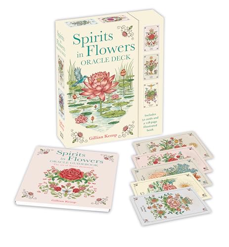 Spirits in Flowers oracle deck box, guidebook, and several illustrated flower cards.