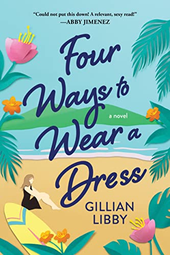 Book cover with beach scene, woman with surfboard, and floral decorations.