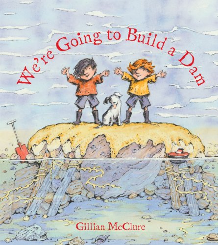 Two children and a dog stand on a dam in this watercolor book cover.