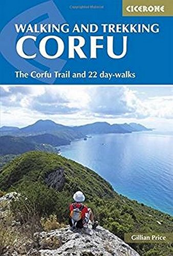 Book cover showing a hiker overlooking the sea and mountains on Corfu.