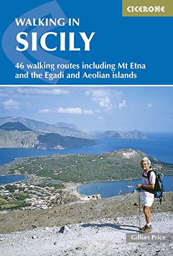 Book cover: "Walking in Sicily" with a hiker overlooking coastal mountains.