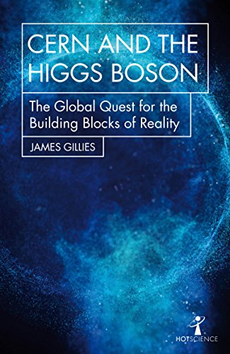 Book cover with blue nebula background, title “CERN and the Higgs Boson.”