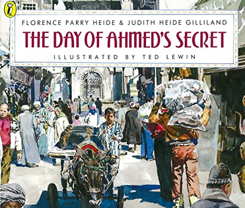 Book cover depicting a busy marketplace scene with a boy and donkey.