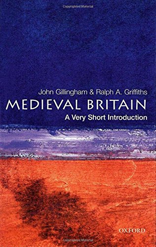 Book cover: "Medieval Britain" with abstract red and blue artwork.