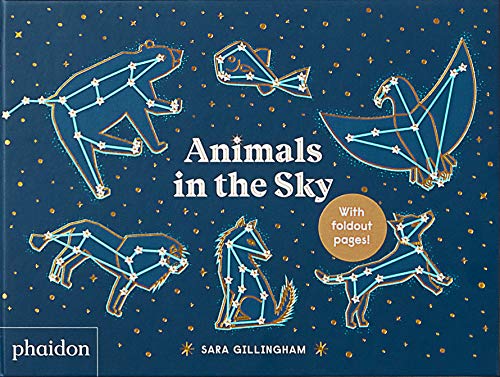 Book cover titled Animals in the Sky featuring gold star constellations on blue background.