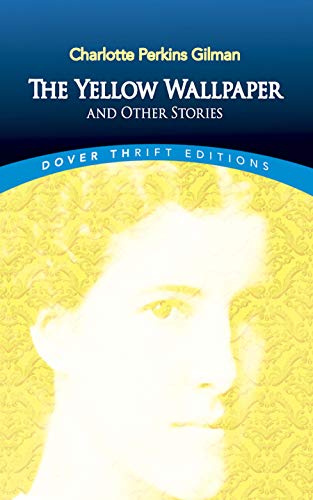 Book cover for The Yellow Wallpaper by Charlotte Perkins Gilman with a yellow patterned background.
