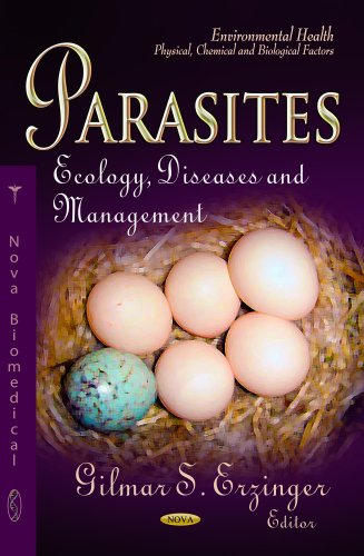 Book cover for "Parasites" showing bird eggs in a nest.