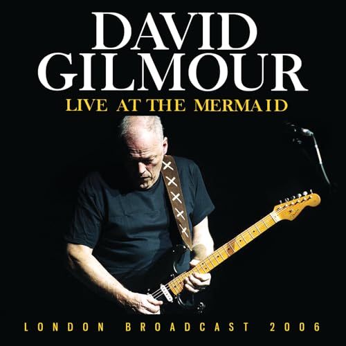 David Gilmour playing electric guitar on a dark stage, album cover text above him.