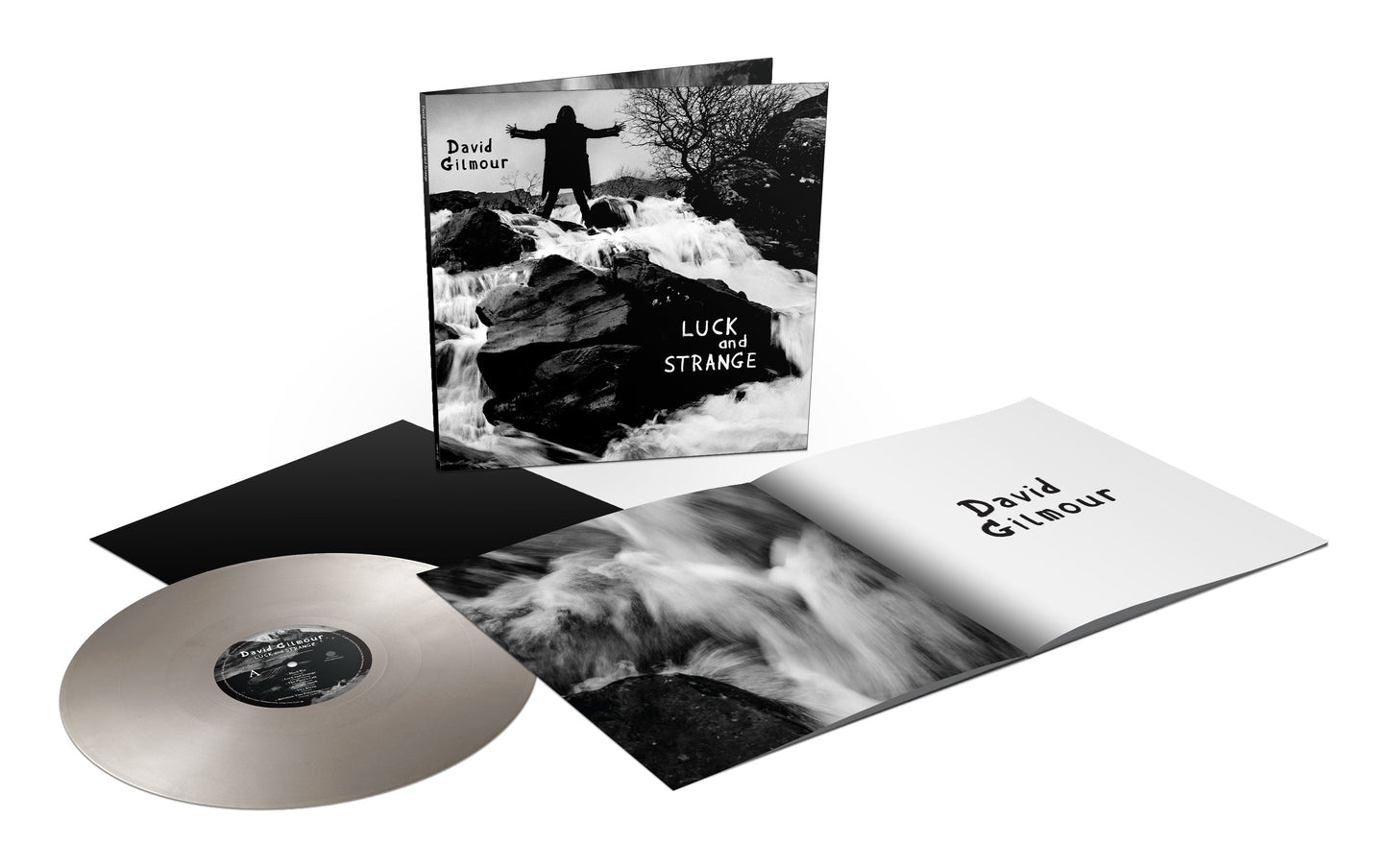 David Gilmour’s “Luck and Strange” silver vinyl record with black sleeve and inserts.