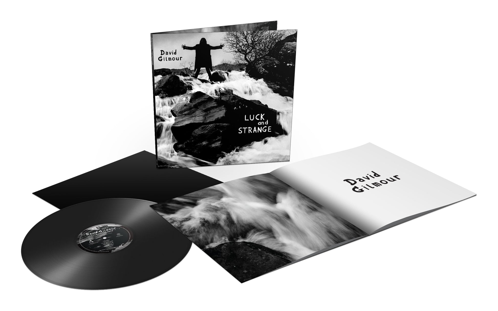 David Gilmour’s “Luck and Strange” vinyl record, album cover, and insert.