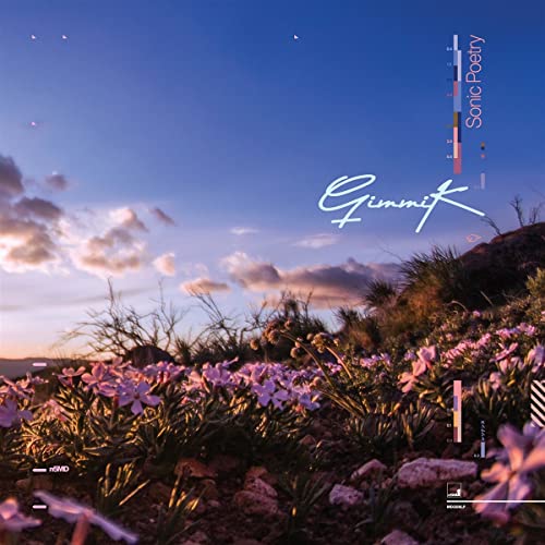 Vinyl album cover for Gimmik’s “Sonic Poetry” with a sunset landscape.