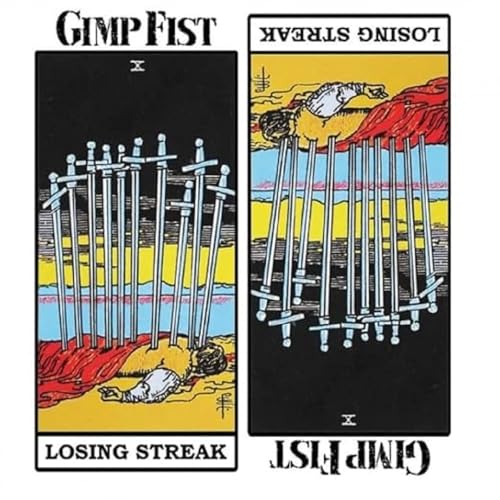 Tarot card-style album cover with swords and a fallen figure.