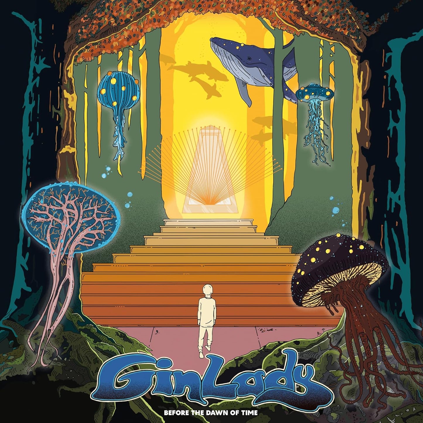 Surreal art of a figure facing stepsL steps toward a glowing light and whale.