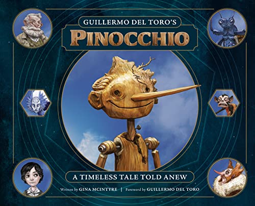 Pinocchio book cover featuring a wooden puppet with a long nose.