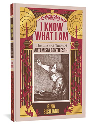 Book cover depicting Artemisia Gentileschi painting, with candles and gold accents.