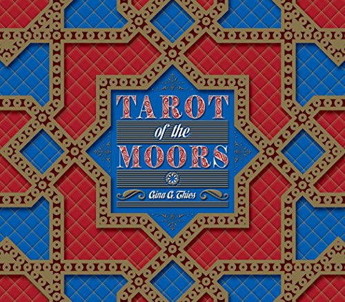 “Tarot of the Moors” book cover with ornate gold and blue geometric design.