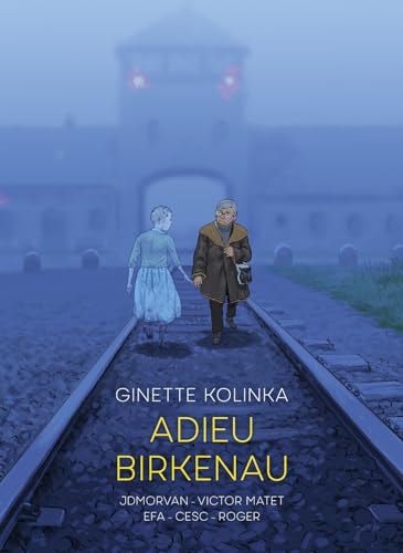 An older woman walks with a younger version of herself along train tracks toward Birkenau.
