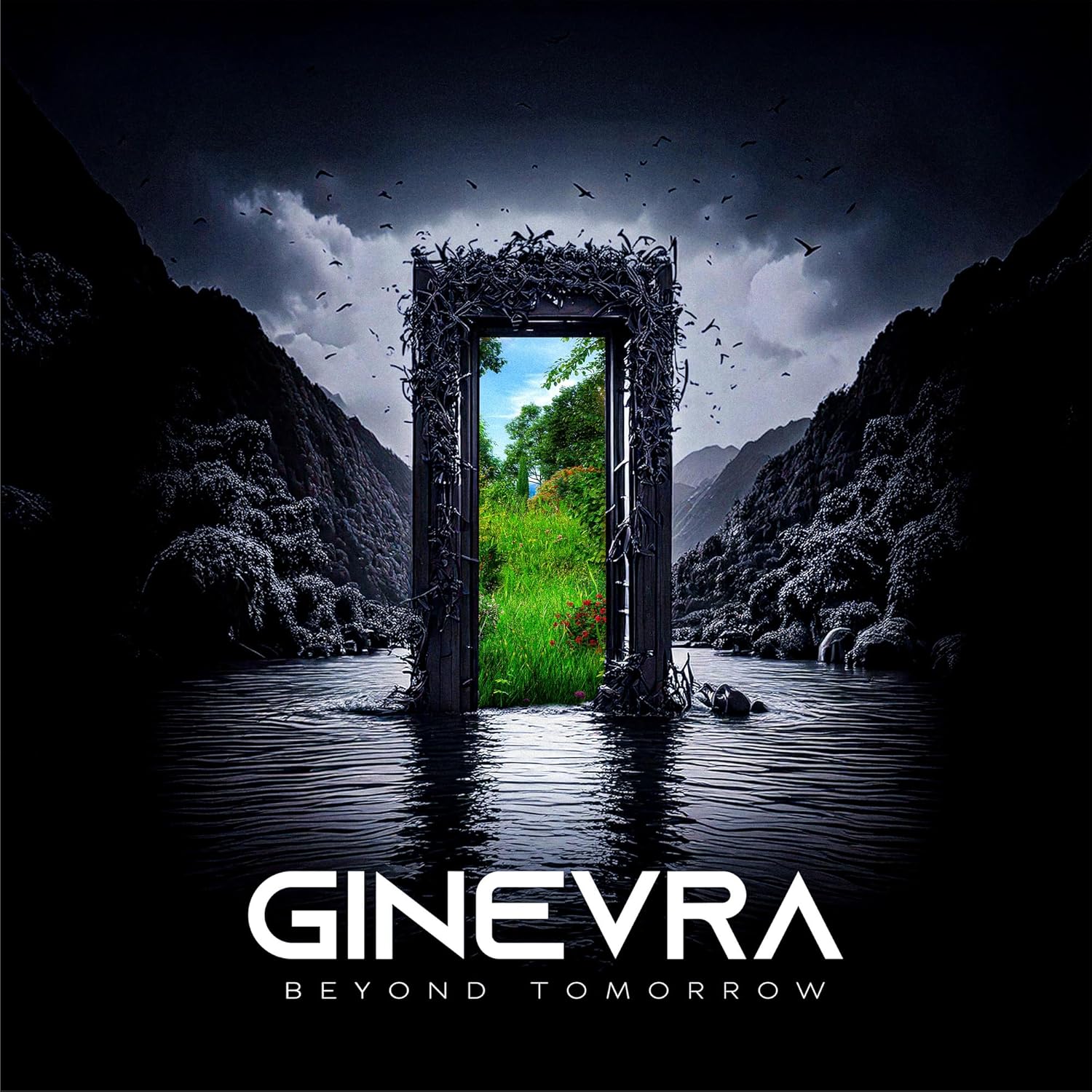 CD cover: doorway to lush greenery amidst stormy skies and water.