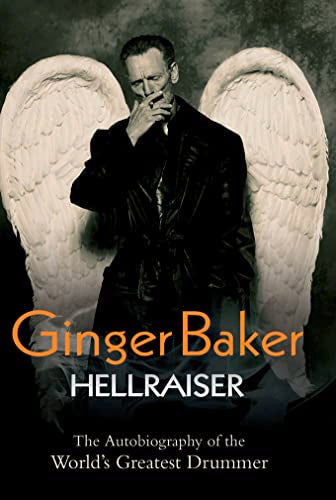 Ginger Baker in a black coat with angel wings, smoking, on a book cover.