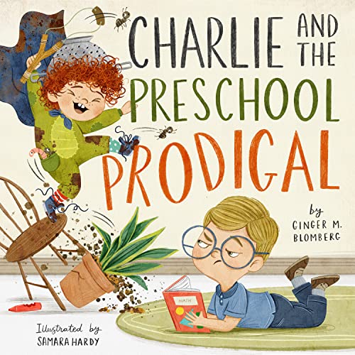 Book cover: boy reading, another causing playful chaos with plants.