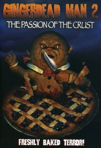 Gingerdead Man 2 DVD cover: angry gingerbread man in a pie.
