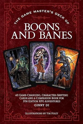 Red card deck cover with fantasy art and text: "Boons and Banes".