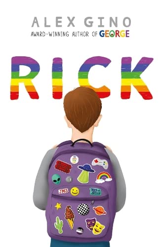 Book cover: boy with rainbow backpack, title “Rick” in rainbow letters.