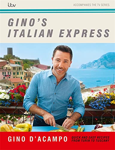 Gino D’Acampo cookbook cover with coastal Italian town background.