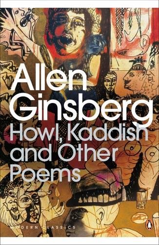 "Book cover with abstract illustration and title 'Howl, Kaddish and Other Poems' by Allen Ginsberg."