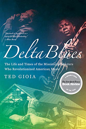 Book cover for “Delta Blues” featuring musicians and vintage photos.