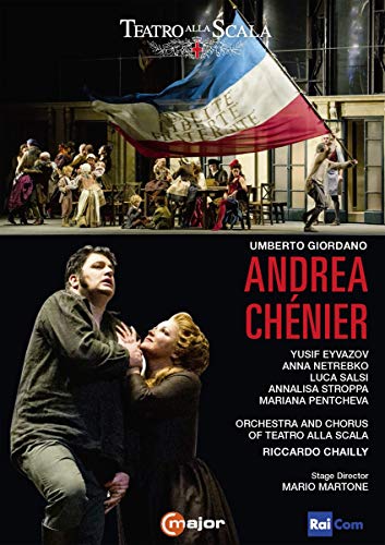 DVD cover for "Andrea Chenier" opera, featuring actors on stage with French flag.