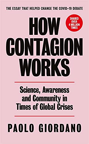 Book cover: “How Contagion Works” by Paolo Giordano, pink background.