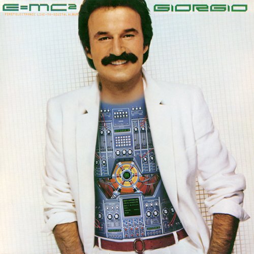 Giorgio Moroder album cover featuring a man with a mustache wearing a futuristic shirt.