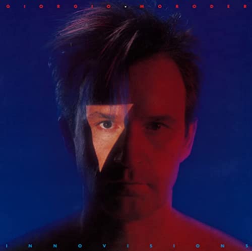 Giorgio Moroder album cover: split portrait with red and blue tones.