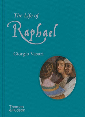 Teal book cover titled The Life of Raphael with a circular portrait of men.