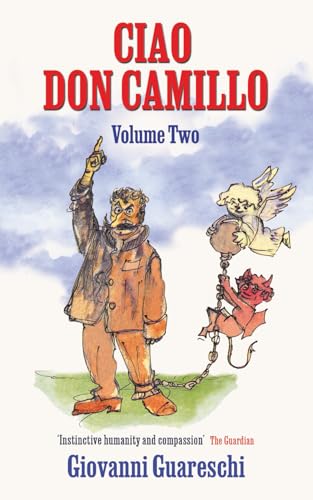Book cover illustration of Don Camillo pointing upward with an angel and devil nearby.