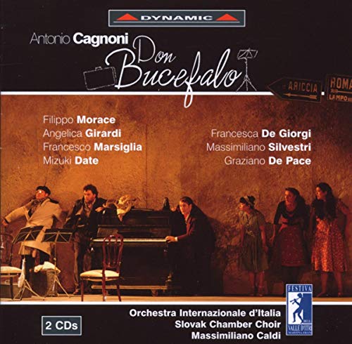 CD cover for Antonio Cagnoni’s Don Bucefalo featuring a stage performance with several actors.