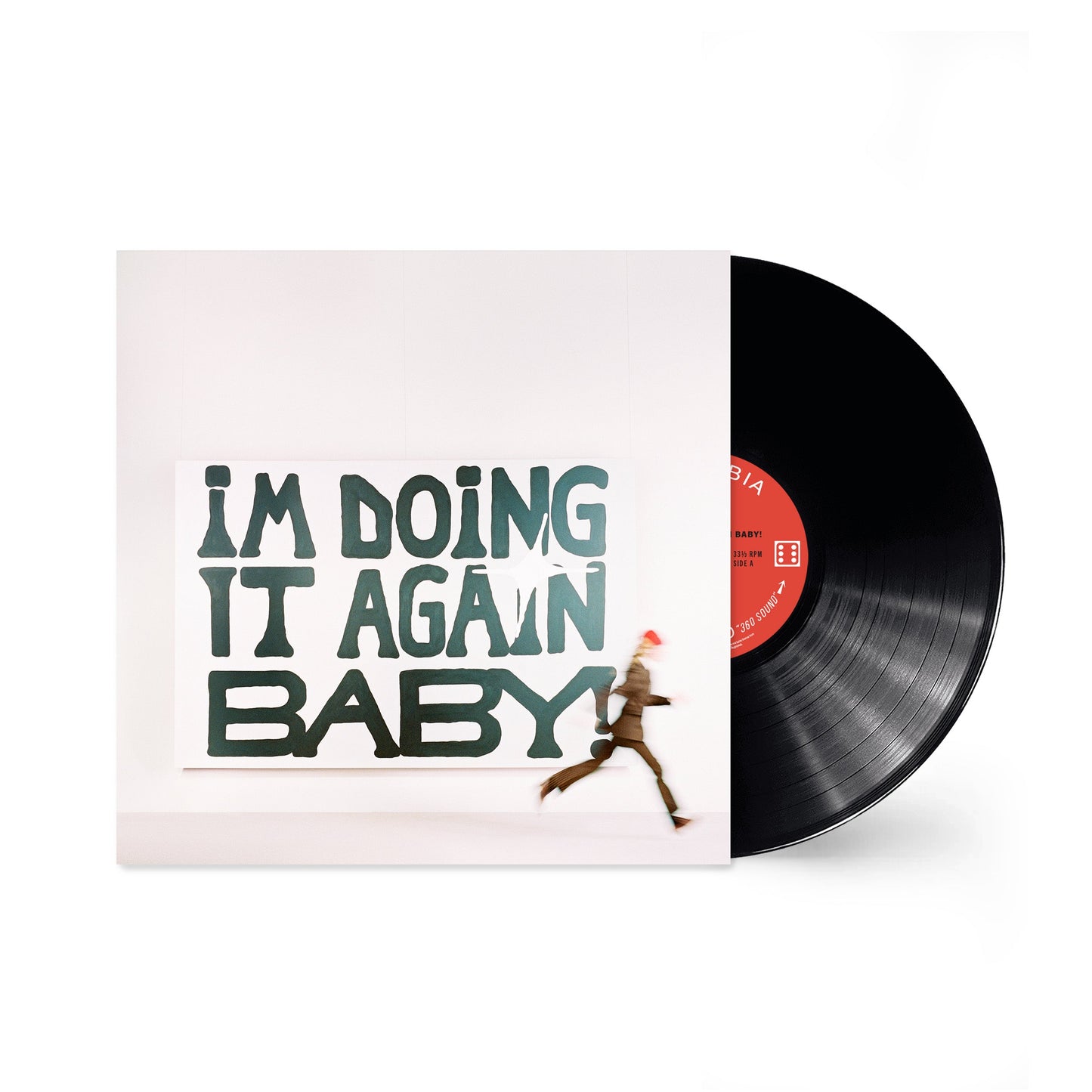Girl in Red vinyl record with red text and a jumping figure.