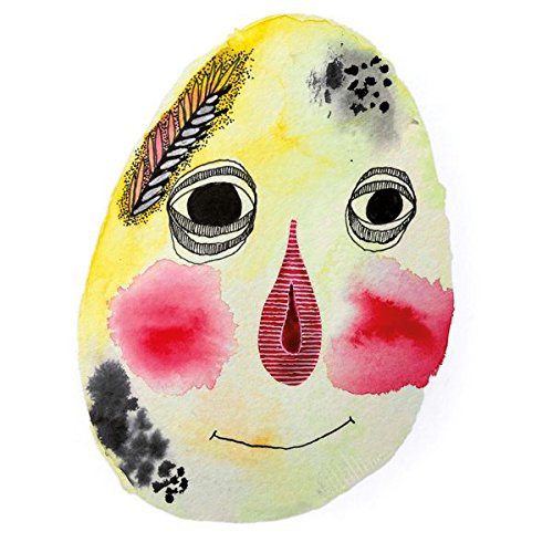 Watercolor painting of a stylized face with large eyes and rosy cheeks.