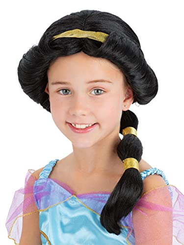 Girl wearing a long, black wig with gold accents, styled in braids.