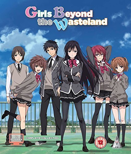 Anime-style characters in school uniforms standing against a blue sky.