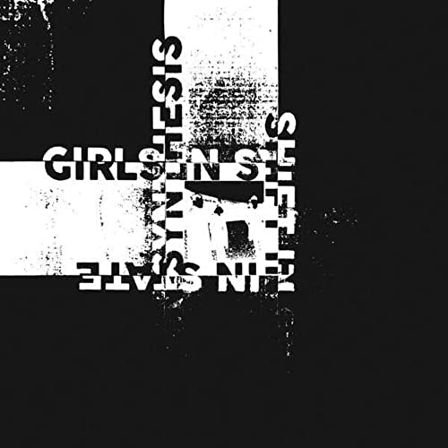 Black and white album cover with abstract text and a blurred face.