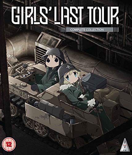 Two anime girls with helmets on a weathered tank, post-apocalyptic setting.