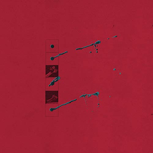 Red album cover with blue paint splatters and hand imagery.