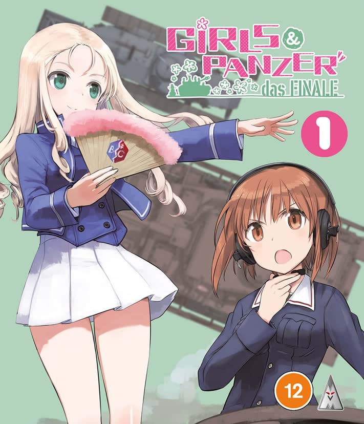 Anime girls in school uniforms with tanks in the background.